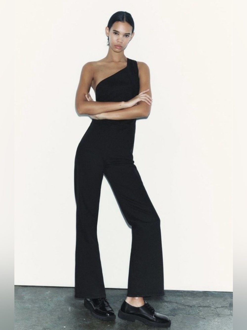Zara One-Shoulder Black Denim Jumpsuit